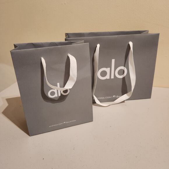 ALO Yoga Shopping Gift Bag PAPER Gray & White Logo 13×10in & 8×10in Lot Of 2 - Picture 1 of 11